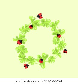 Round border of clover leaves and ladybugs, empty flower frame. Vector composition of vignette.