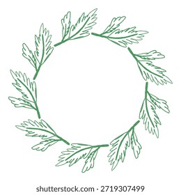 Elemento de diseño de decoración de borde redondo, Plantilla de invitación, corona de Navidades minimalistas sobre fondo transparente. Dibujado a mano por ramas de pino de crayón dispuestas en un marco circular. Ilustración vectorial