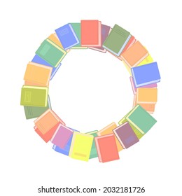 Round border from different books. Many books of different colors are laid out in a circle, the center is free, there is room for text. Vector illustration, flat cartoon color minimal design, isolated