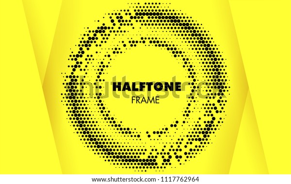 Round border dotted vector Icon using halftone\
circle dots texture. Yellow abstract vector circle frame halftone\
dots logo emblem design element for for advertising, medical,\
cosmetic or party\
poster.