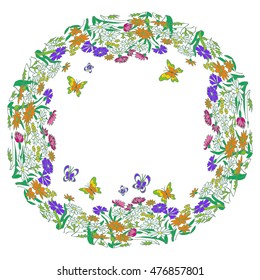Round border of flowers and butterflies. Vector floral background.