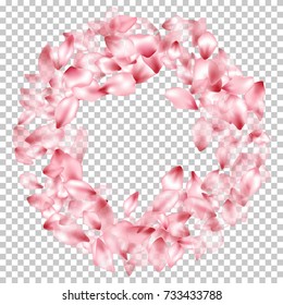 Round border of flying petals isolated on transparent grid invitation background, flower parts wedding decorative circle frame. Pink blossom elements, flower petals valentines day background border.