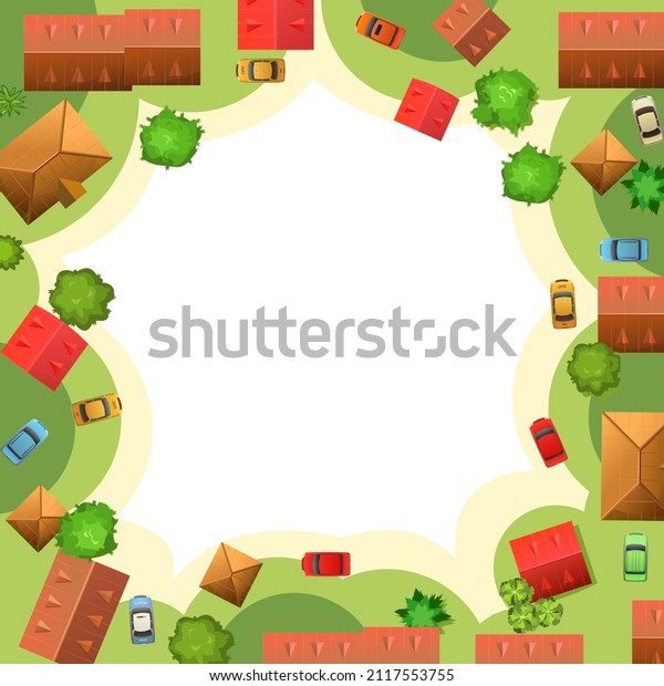 Round Border frame city street.\
Isolated on white background. Fragment of a small town. Top View\
from above. Cartoon cute style illustration. Cars drive.\
Vector.