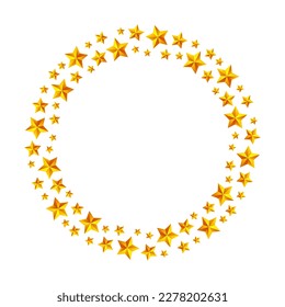 Round border frame garland with gold 3D stars. Can be used for cards, invitations. Isolated vector illustration on white background.