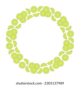 Round border frame with lime slices. Can be used for summer cards, invitations. Isolated vector illustration on white background.