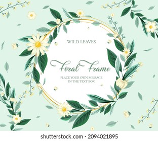 Round border frame template with green foliage illustration