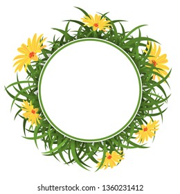 Round border with green grass and yellow daisies. Circle frame with meadow and wild flowers. Nature pattern. Floral label for branding or poster design. Vector illustration.