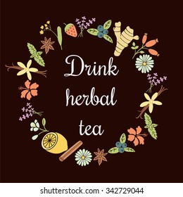round border with images of vanilla bean, lavender, hibiscus, mint, strawberry, linden, rose hip, ginger, chamomile, lemon, jasmine, cinnamon stick, star anise