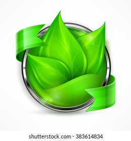 Round border label with green leaves and ribbon, vector illustration