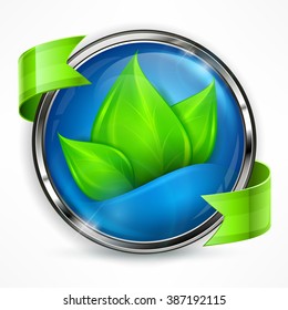 Round border label with green leaves and ribbon, vector illustration