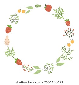 Round border of leaves, branches, berries, and fruits. Natural frame for design with copy space. Organic vector illustration.