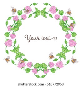 Round border made of clover leaves, flowers and bumblebees, blank floral frame isolated on white background