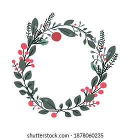 Round border made of hand drawn herbs and flowers. Floral wreath. Herbal frame. Greenery set isolated on white. Vector rustic design great for spring or summer theme or to ornate quote