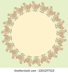 Round border from outlines decorative cartoon hens 