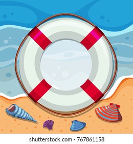 Round border with seashells on beach illustration