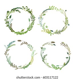 Round borders made of hand drawn herbs and flowers. Floral wreath. Herbal frame. Greenery set isolated on white. Vector rustic design great for spring or summer theme or to ornate quote or logo. 