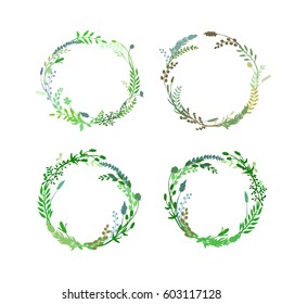 Round borders set made of wild flowers and herbs. Hand drawn plants in circle. Botanical illustration. Floral frame. Herbal foliage. Vector illustration isolated on white.