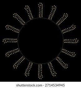 Borda botânica redonda com ramos estilizados. Moldura floral circular. Motivo manuscrito iluminado medieval. Silhueta brilhante dourada sobre fundo preto.