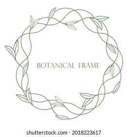 Round botanical foliage frame vector illustration. Graceful braided wreath with leaves. Bezel for invitation or postcard decoration.