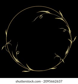 Round botanical frame. Circular wreath. Letter O with delicate leaf branches. Floral font. Artistic alphabet with botanical motifs. Golden glossy silhouette on black background.