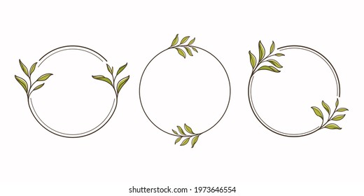 Round botanical frame element with green tea. Simple contour vector illustration for packaging, corporate identity, labels, postcards, invitations.