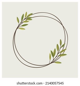 Round botanical frame element with green branch. Simple contour vector illustration for postcards, invitations.
