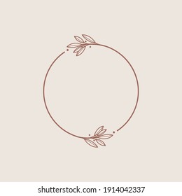 Round botanical frame element with laurel. Simple contour vector illustration for packaging, corporate identity, labels, postcards, invitations. svg