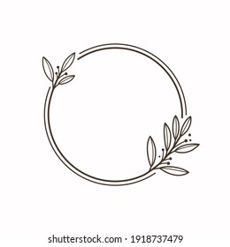 Round botanical frame element with laurel. Simple contour vector illustration for packaging, corporate identity, labels, postcards, invitations.