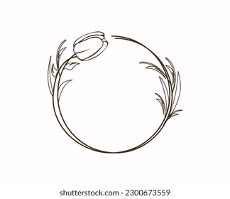 Round botanical frame element with laurel. Simple contour vector for packaging, corporate identity, labels, postcards, invitations