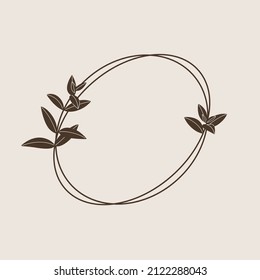 Round botanical frame element with mint branch. Simple contour vector illustration for packaging, corporate identity, labels, postcards, invitations.