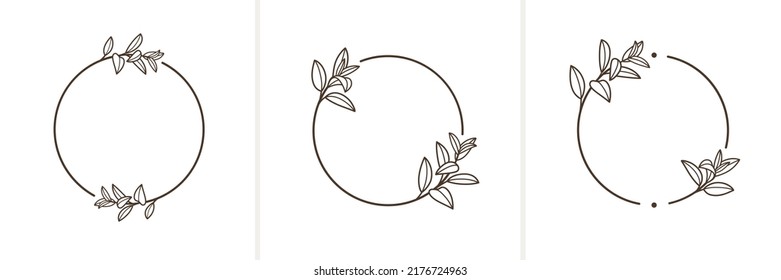 Round botanical frame element with mint branch. Simple contour vector illustration for packaging, corporate identity, labels, postcards, invitations.