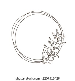 Round botanical frame element with olive branch. Simple contour vector illustration for packaging, corporate identity, labels, postcards, invitations.