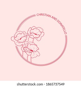 Round botanical frame element with poppy flower. Simple contour vector illustration for packaging, corporate identity, labels, postcards, invitations.