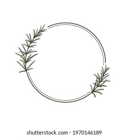 Round botanical frame element with rosemary. Simple contour vector illustration for packaging, corporate identity, labels, postcards, invitations.
