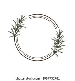 Round botanical frame element with rosemary. Simple contour vector illustration for packaging, corporate identity, labels, postcards, invitations.