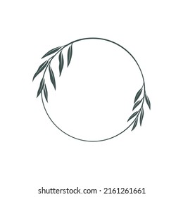 Round botanical frame element with willow branch. Simple contour vector illustration for packaging, corporate identity, labels, postcards, invitations.