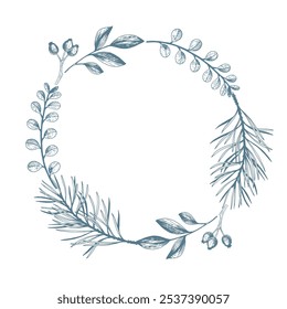 Marco botánico redondo hecho de ramas y hojas sobre fondo blanco. Estilo de boceto dibujado a mano con lugar para texto. Diseño para tarjeta de felicitación, invitación, postal, cartel, Anuncio.
