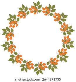 Round botanical frame made of twigs with colorful leaves, green and orange on a white background.  Hand-drawn botanical plants in vector.