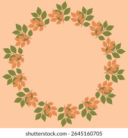 Round botanical frame made of twigs with colorful leaves of green and light orange on a peach background.  Hand-drawn botanical plants in vector.