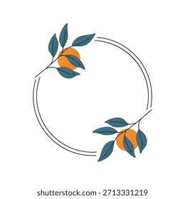 Marco botánico redondo con naranjas y hojas verdes, Clipart elegante para etiquetas o invitaciones