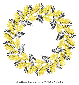 Round botanical frame with space for text. Template for wedding invitation with mimosa. Postcard with spring flowers. Vector illustration