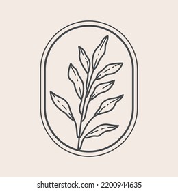 Rund botanischer Logo-Rahmen mit dekorativem Ast im Boho-Stil. Einfache Kontur, Vektorgrafik für Verpackung, Corporate Identity, Etiketten, Postkarten, Einladungen.