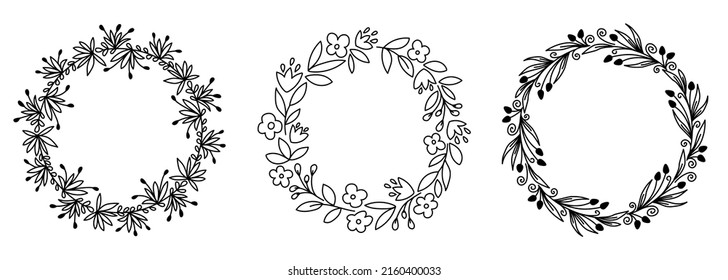 Round botanical monochrome frames with flowers and leaves. Hand-drawn vector wreath for logo, invitation, wedding, tags. Black linear pattern on a white background.