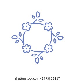 Round botanical wreath element with flower. Simple contour vector illustration for postcards, invitations.