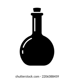 Round bottle with cork icon. Black silhouette. Front side view. Vector simple flat graphic illustration. Isolated object on a white background. Isolate.