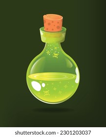 Round bottle with green poison potion and closed with a cork. Green shiny flask with skeleton liquid. Magic flask vector concept design.