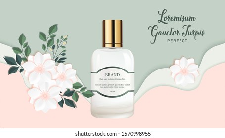 Round bottle of Perfume- Gardenia and white flowers on pastel of green and peach background-Perfume with Flower Paper Cut Banner-Vector Illustration