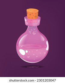 Round bottle with pink potion and closed with a cork. Pink shiny flask with hearts and healed liquid. Magic flask vector concept design.