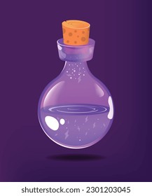 Round bottle with purple energy potion and closed with a cork. Purple shiny flask with lightning and healed liquid. Magic flask vector concept design.