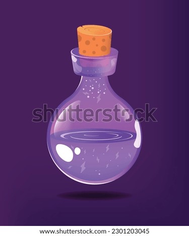 Round bottle with purple energy potion and closed with a cork. Purple shiny flask with lightning and healed liquid. Magic flask vector concept design.